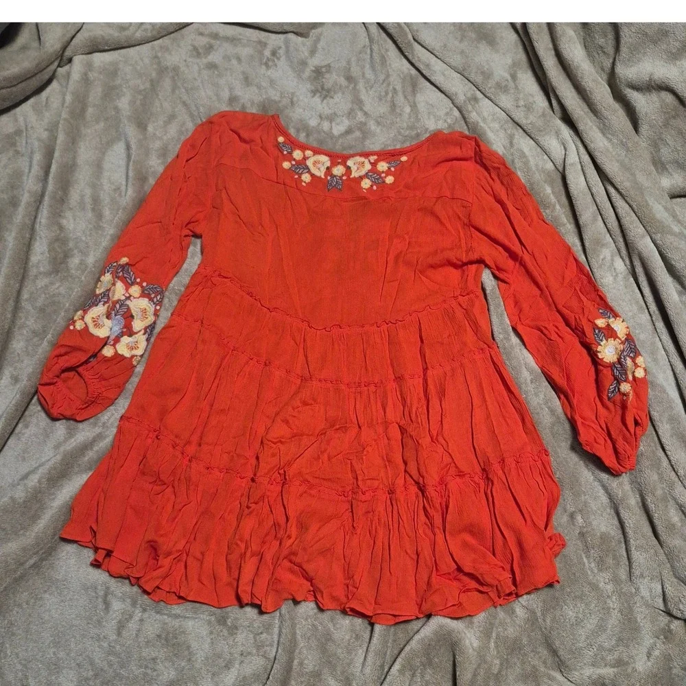 Free People Embroidered Boho Tiered Mini Dress Rust Orange Floral Small